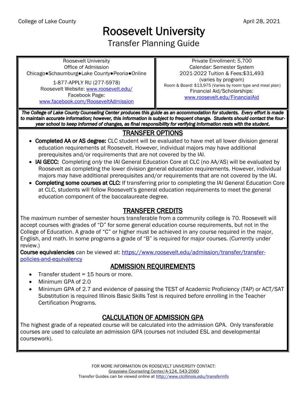 Roosevelt University Transfer Planning Guide