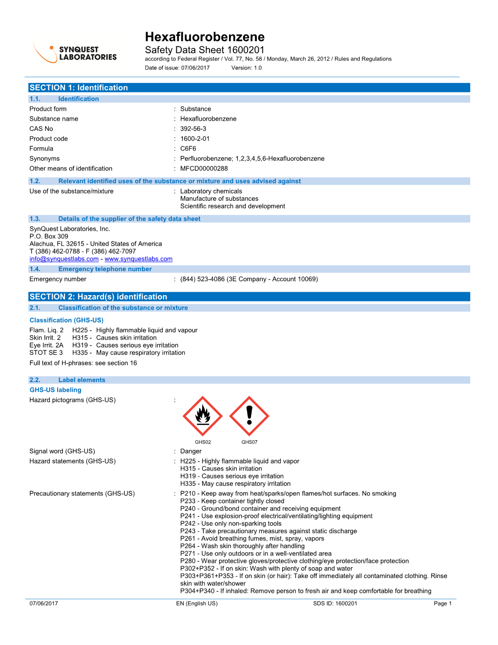 Hexafluorobenzene Safety Data Sheet 1600201 According to Federal Register / Vol