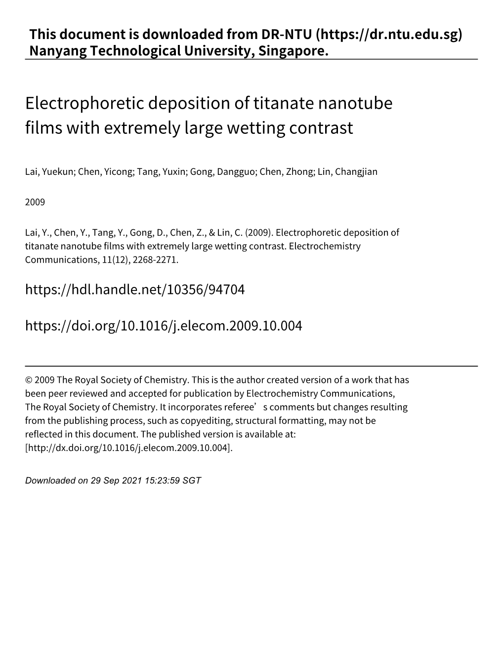 Electrophoretic Deposition of Titanate Nanotube Films with Extremely Large Wetting Contrast