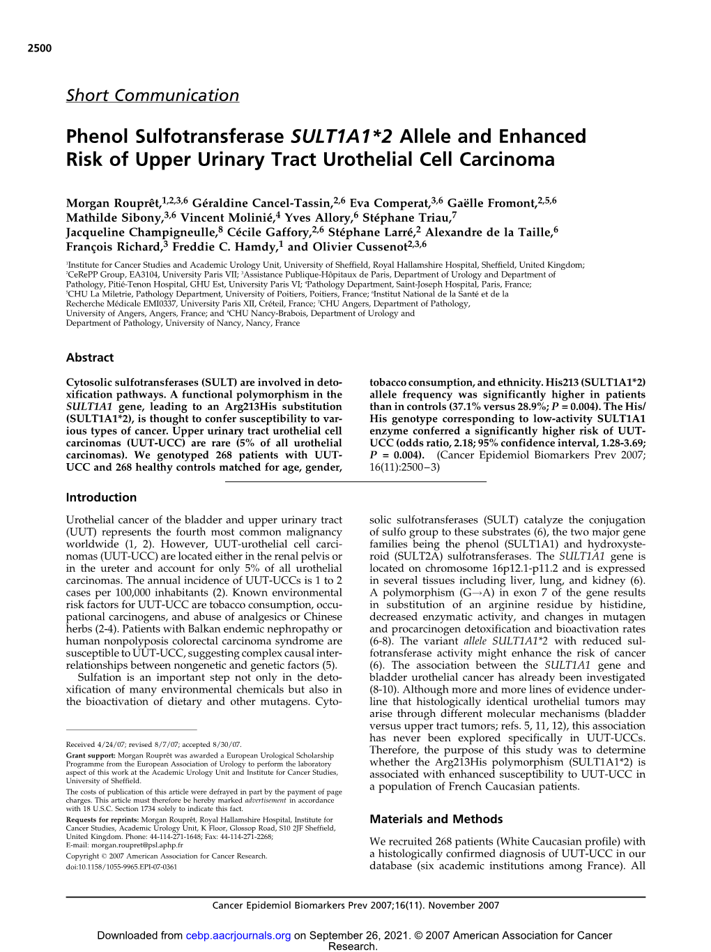Phenol Sulfotransferase SULT1A1*2 Allele and Enhanced Risk of Upper Urinary Tract Urothelial Cell Carcinoma