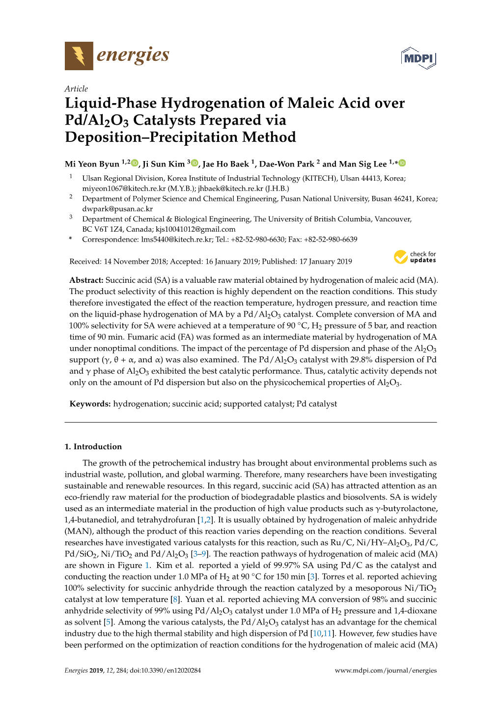 Liquid-Phase Hydrogenation of Maleic Acid Over Pd/Al2o3 Catalysts Prepared Via Deposition–Precipitation Method