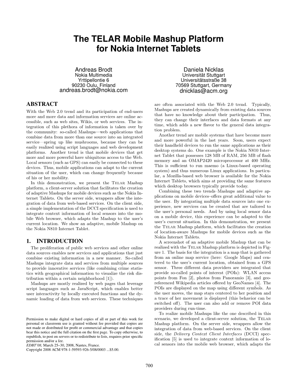 The TELAR Mobile Mashup Platform for Nokia Internet Tablets