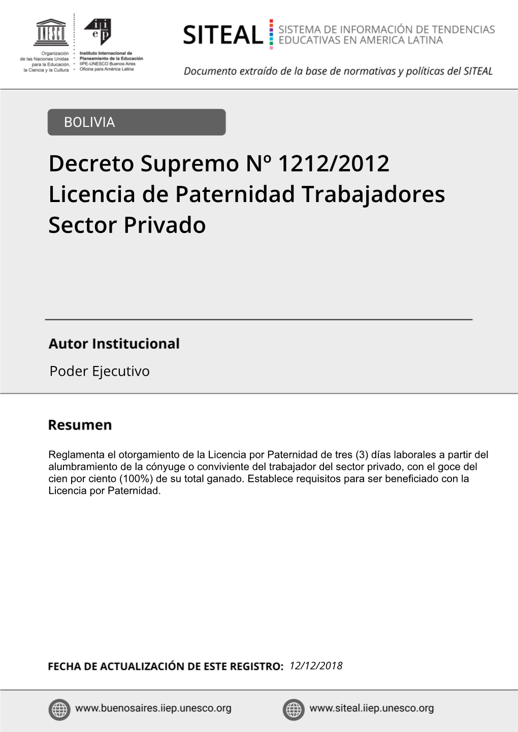 Decreto Supremo Nº 1212/2012 Licencia De Paternidad Trabajadores Sector Privado