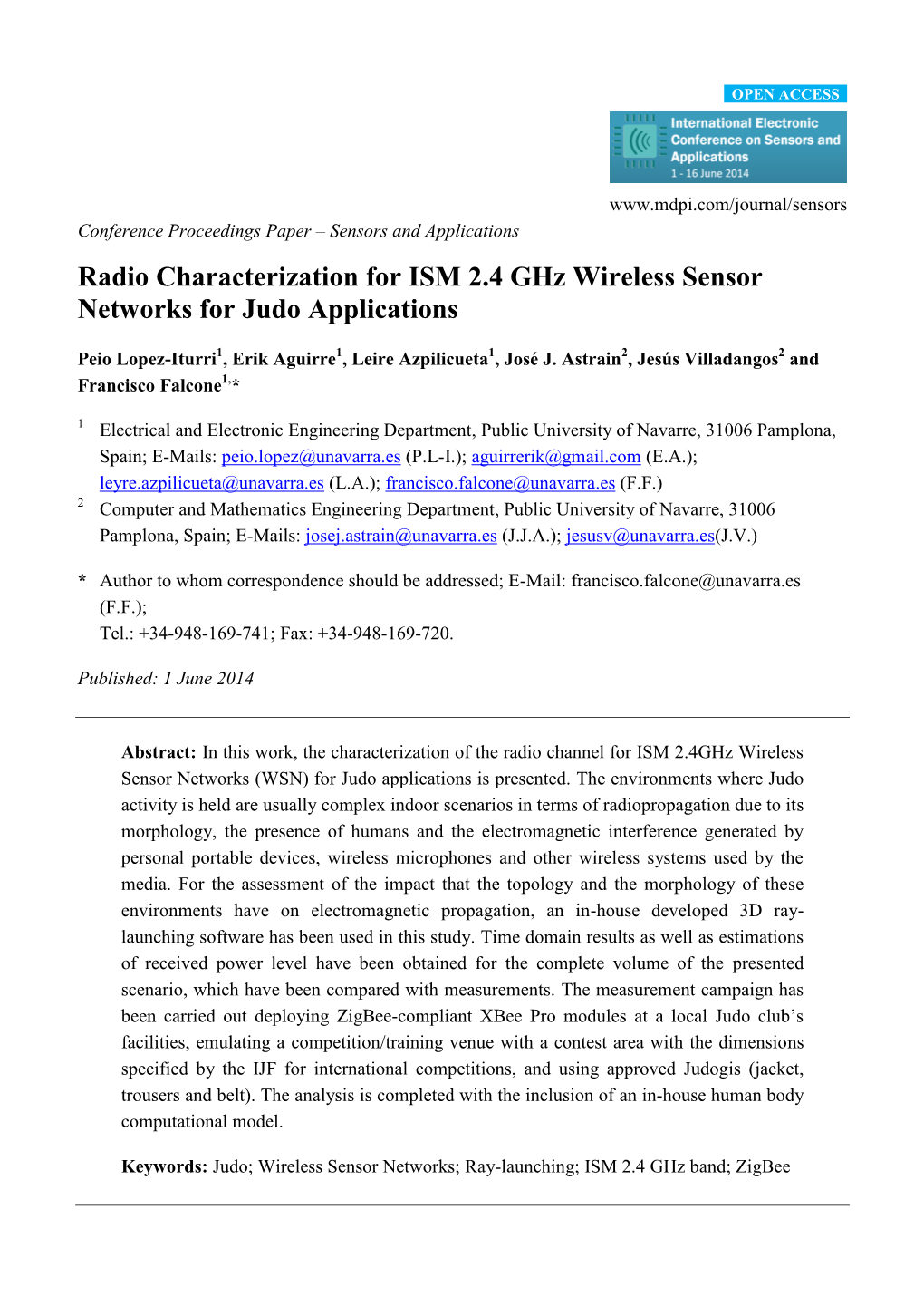 Radio Characterization for ISM 2.4 Ghz Wireless Sensor Networks for Judo Applications