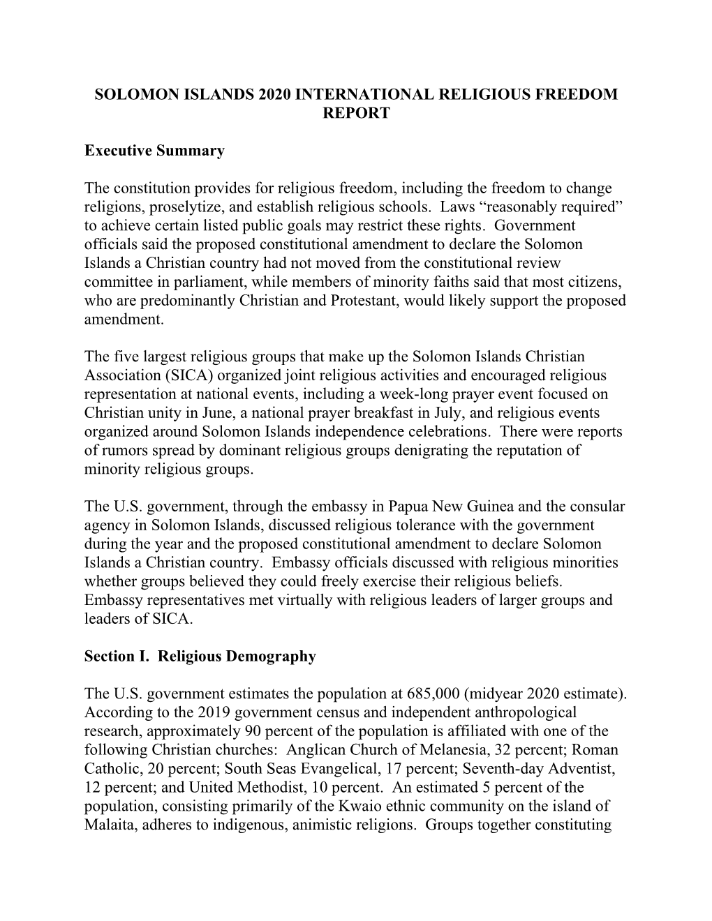 Solomon Islands 2020 International Religious Freedom Report