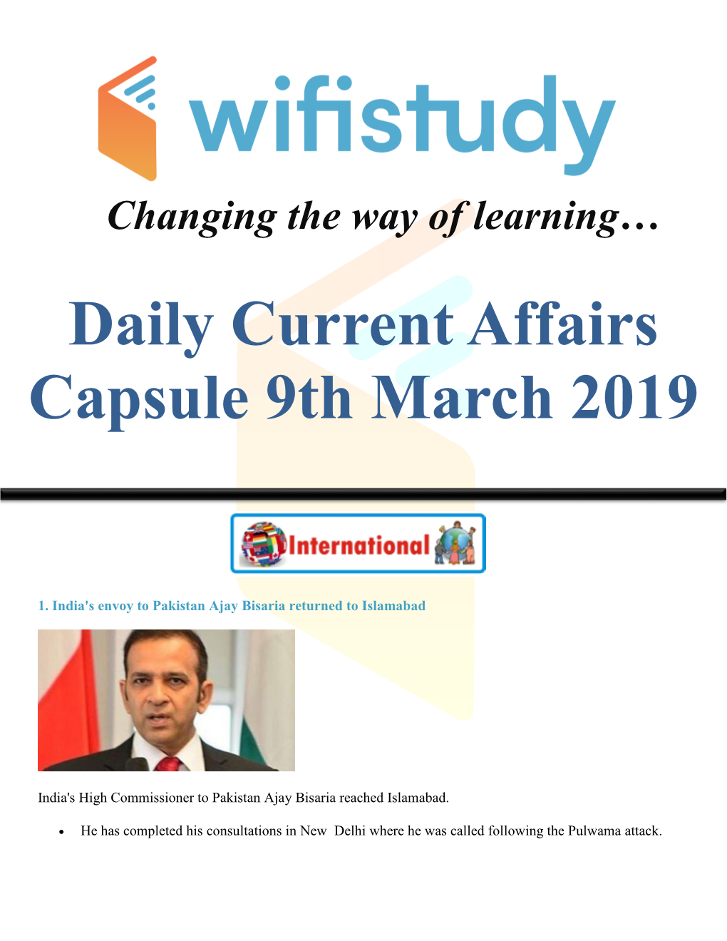 Daily Current Affairs Capsule 9Th March 2019