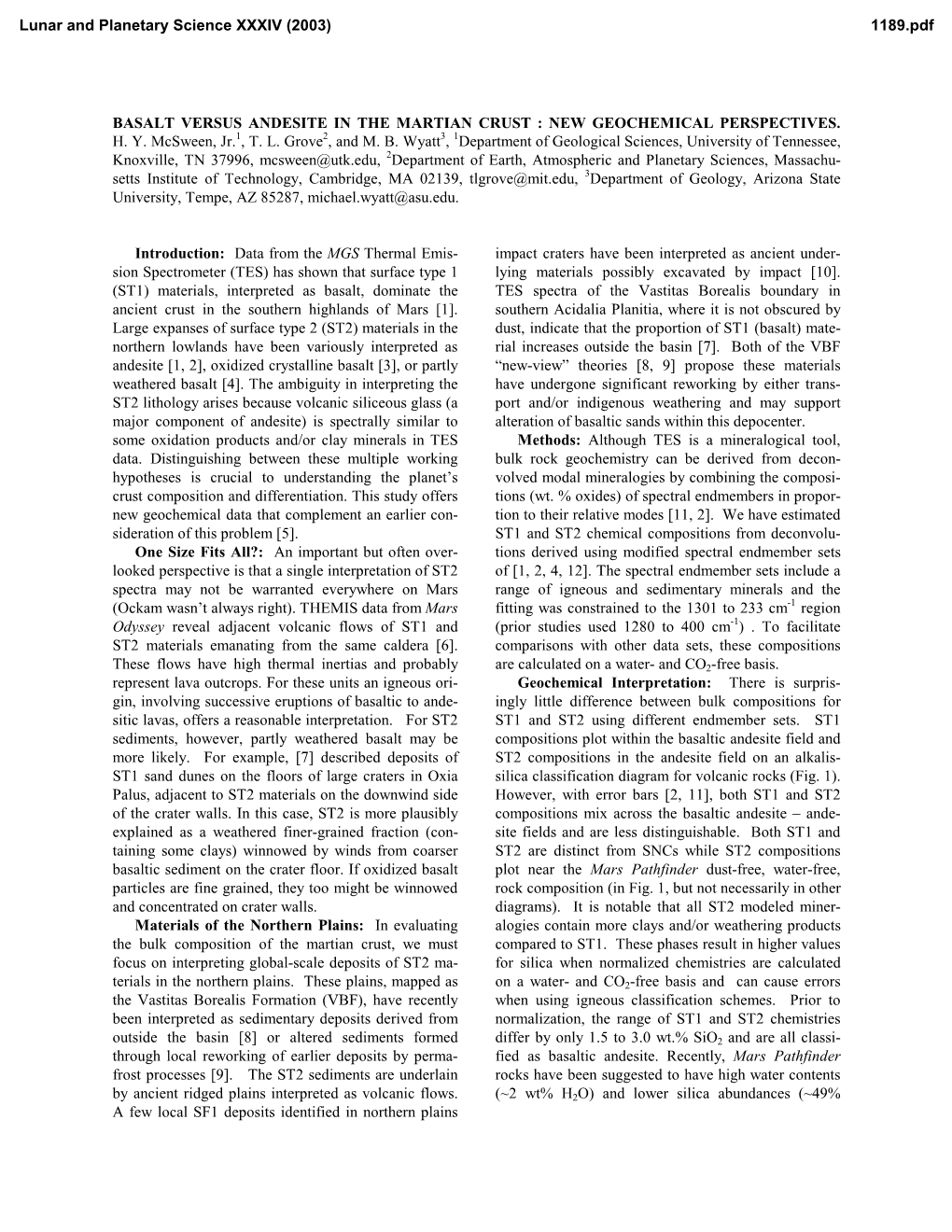 Basalt Versus Andesite in the Martian Crust : New Geochemical Perspectives