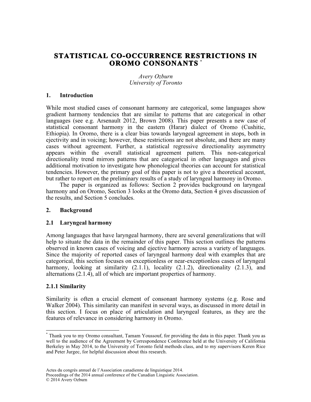 Statistical Co-Occurrence Restrictions in Oromo Consonants *