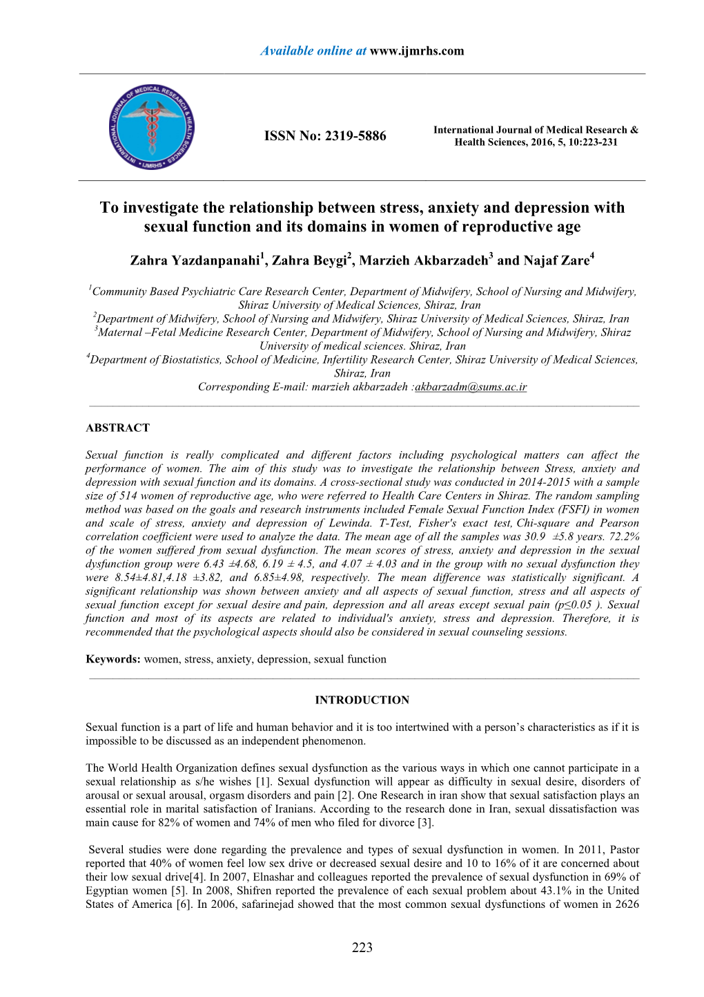 To Investigate the Relationship Between Stress, Anxiety and Depression with Sexual Function and Its Domains in Women of Reproductive Age