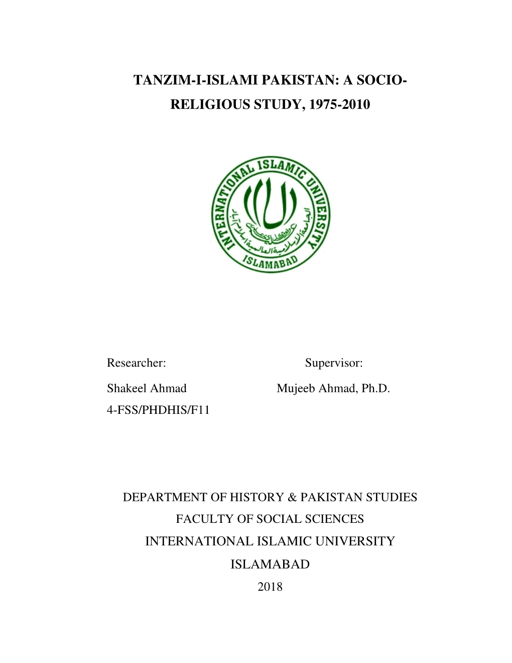 Tanzim-I-Islami Pakistan: a Socio- Religious Study, 1975-2010