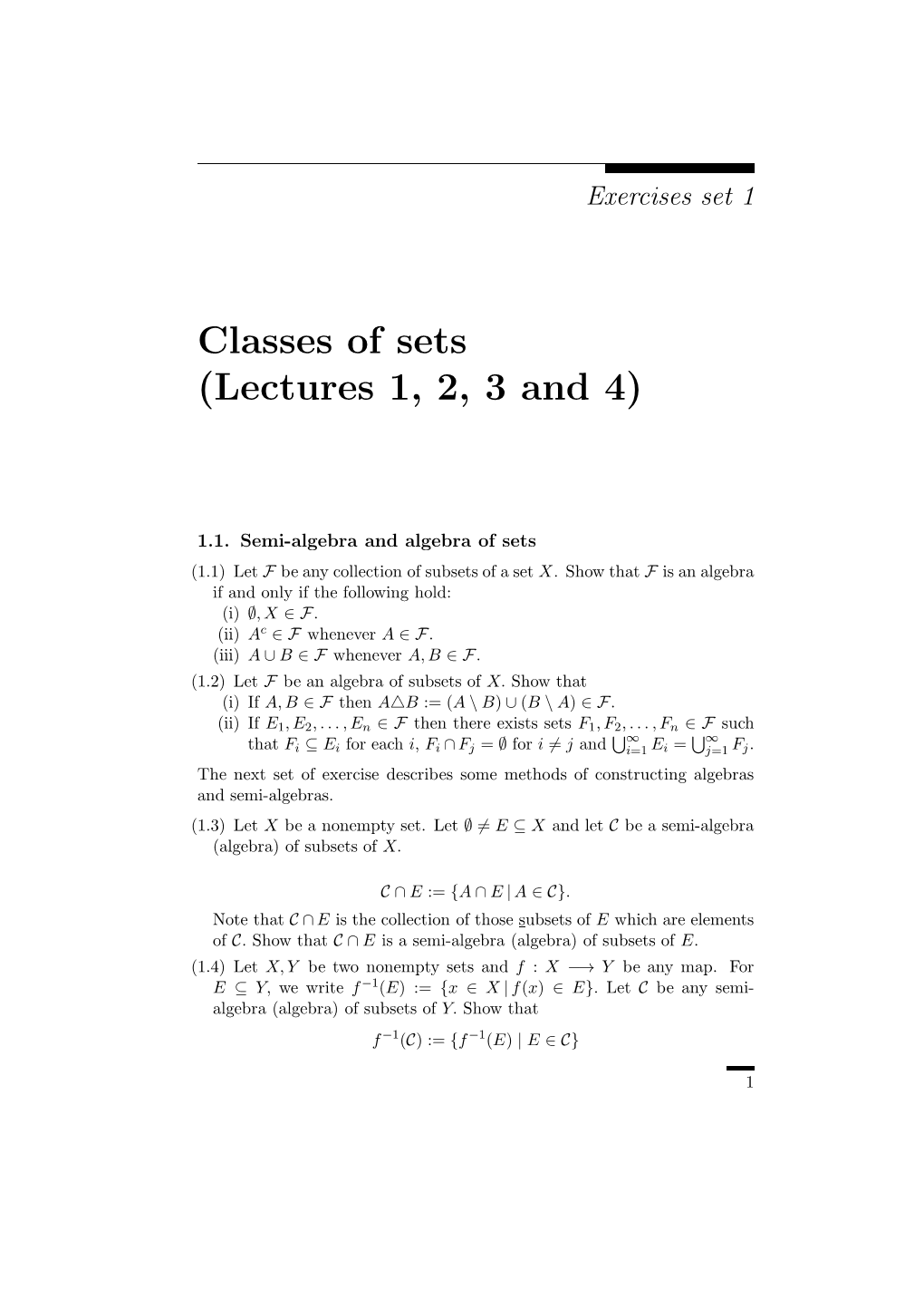 Classes of Sets (Lectures 1, 2, 3 and 4)