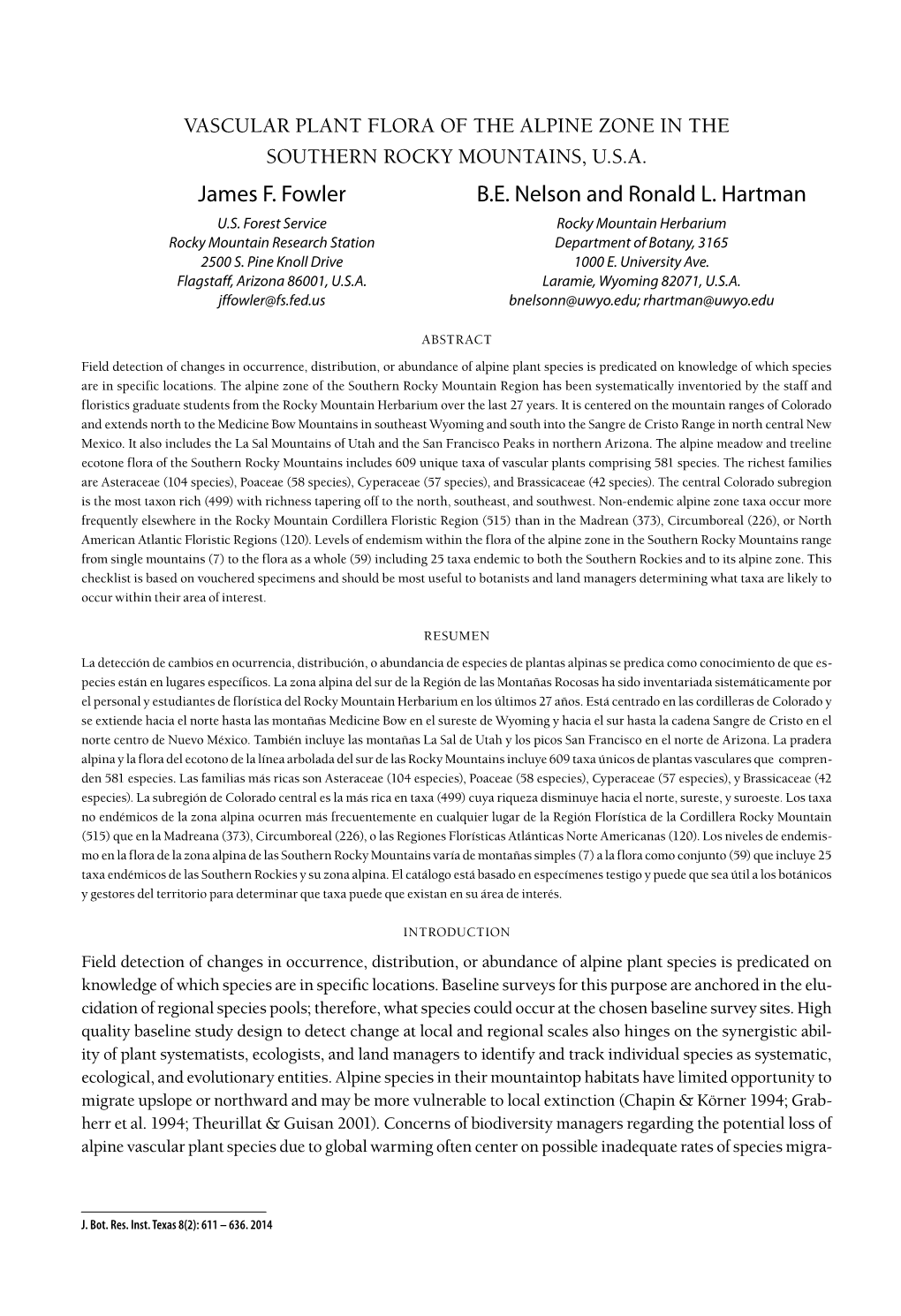 Vascular Plant Flora of the Alpine Zone in the Southern Rocky Mountains, U.S.A