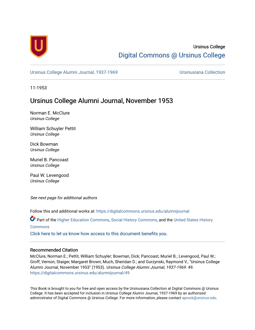 Ursinus College Alumni Journal, November 1953