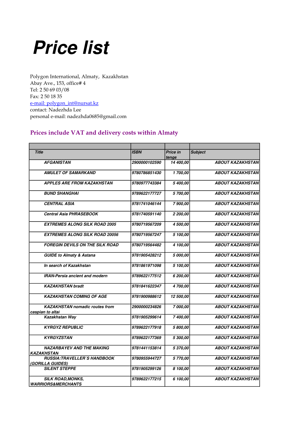 PRICE LIST-Trade Books 2009.09.04