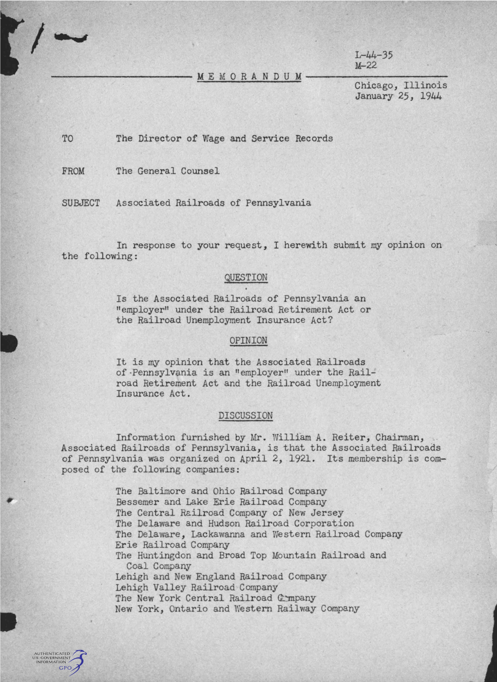 M E M O R a N D U M Chicago, Illinois January 25, 1944 to the Director