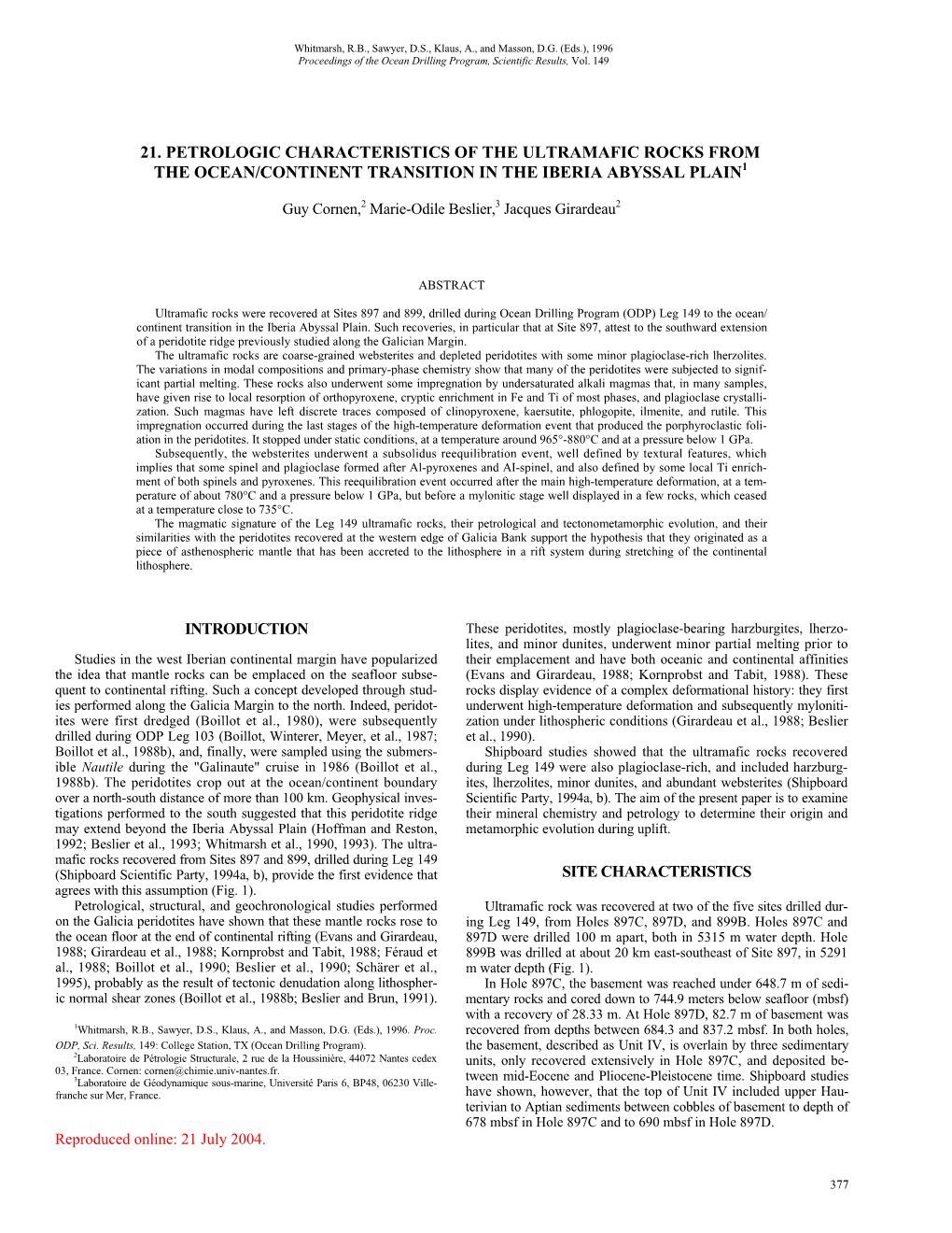 21. Petrologic Characteristics of the Ultramafic Rocks from the Ocean/Continent Transition in the Iberia Abyssal Plain1