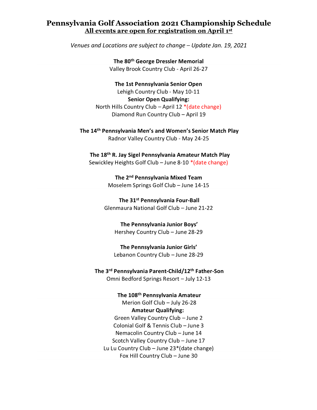 Pennsylvania Golf Association 2021 Championship Schedule All Events Are Open for Registration on April 1St