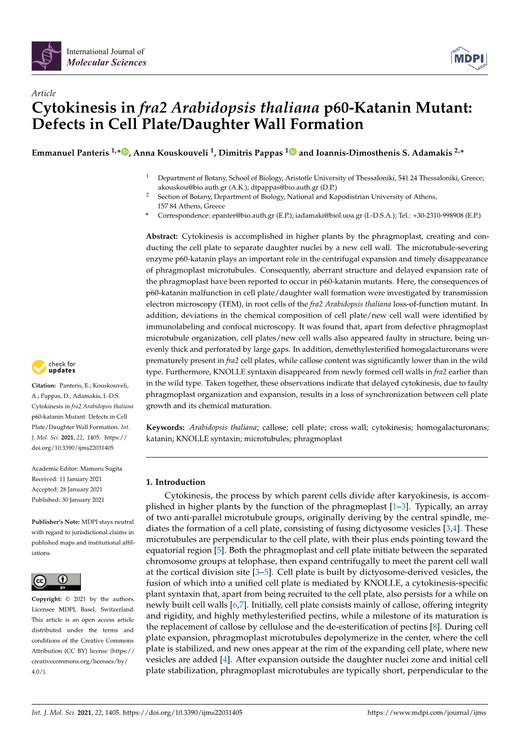 Cytokinesis in Fra2 Arabidopsis Thaliana P60-Katanin Mutant: Defects in Cell Plate/Daughter Wall Formation