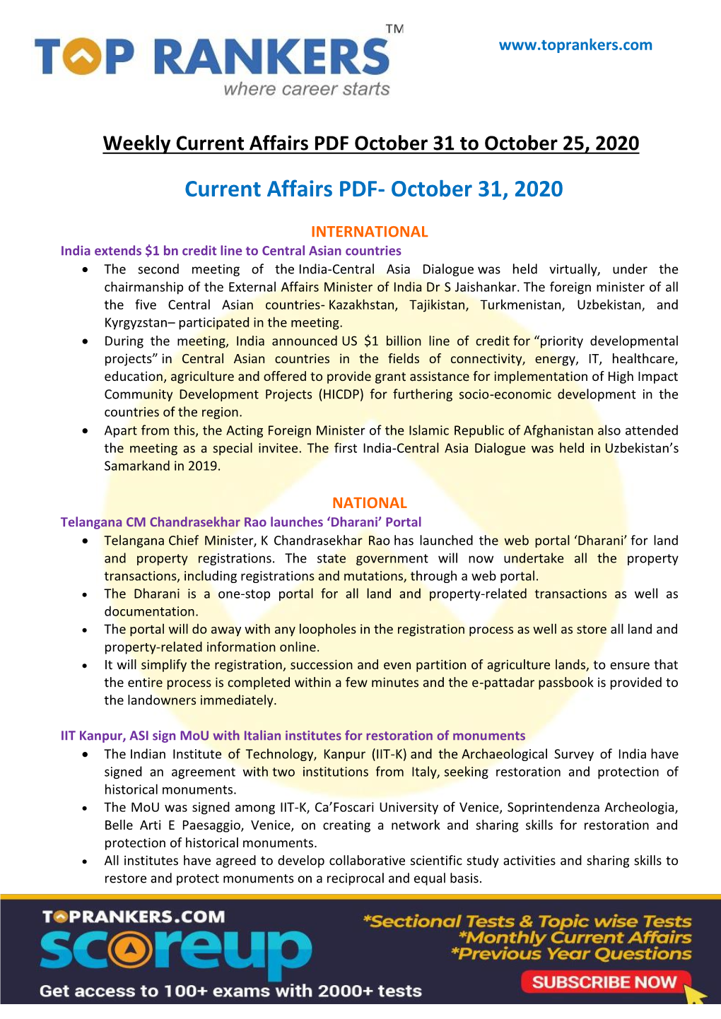 Current Affairs PDF October 31 to October 25, 2020