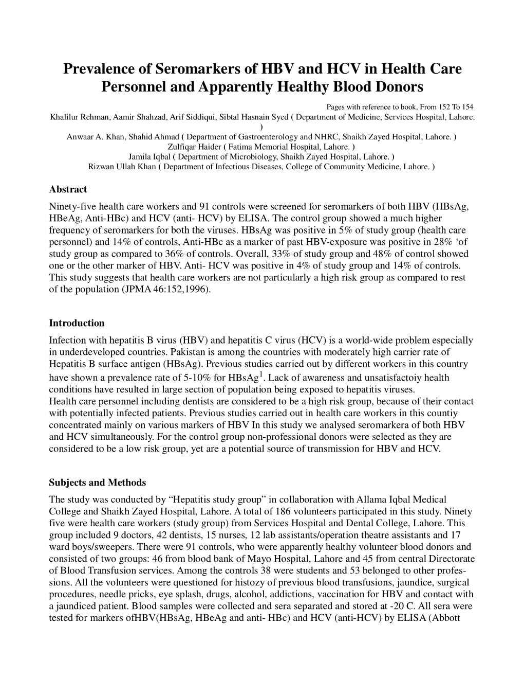 Prevalence of Seromarkers of HBV and HCV in Health Care Personnel and Apparently Healthy Blood Donors