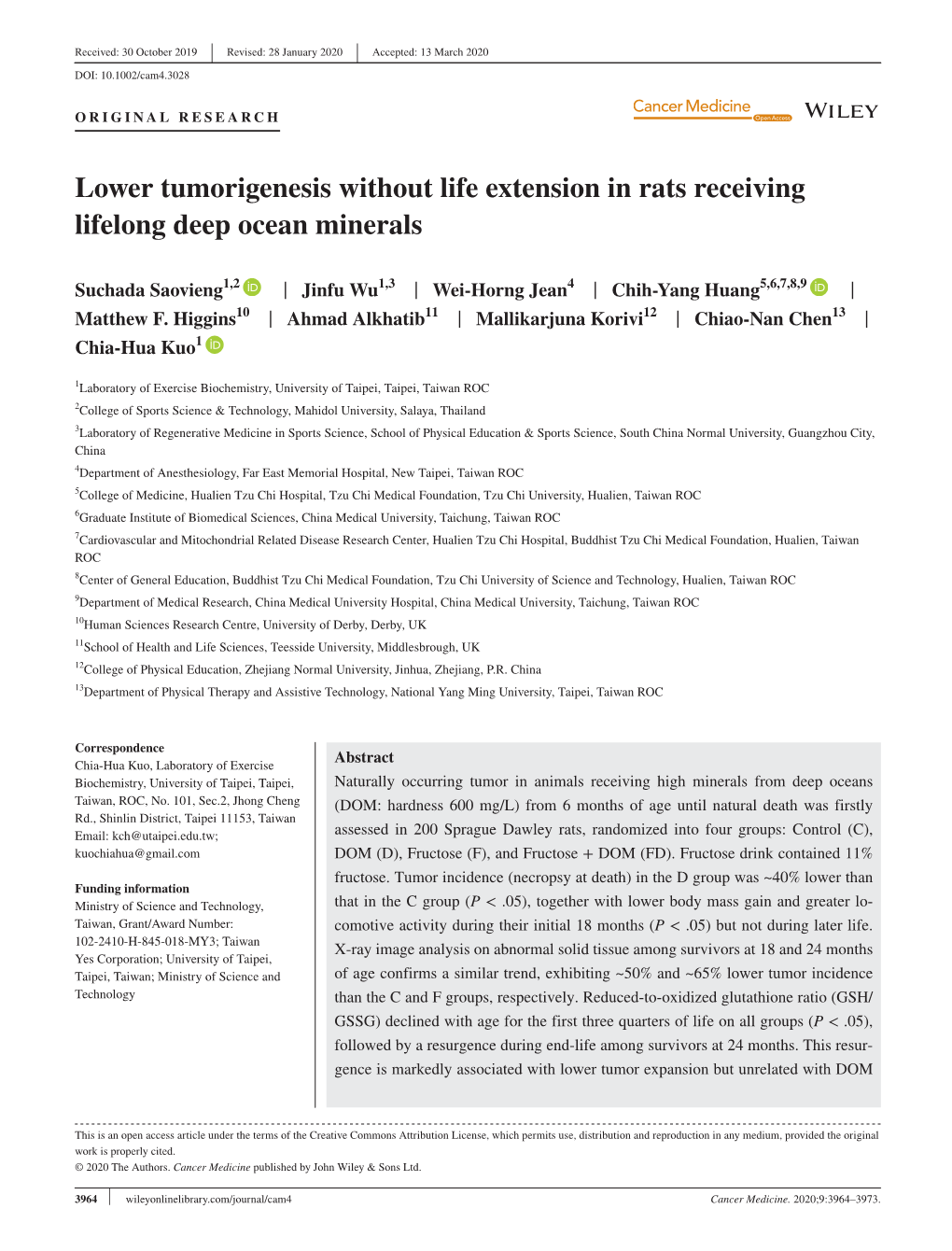 Lower Tumorigenesis Without Life Extension in Rats Receiving Lifelong Deep Ocean Minerals