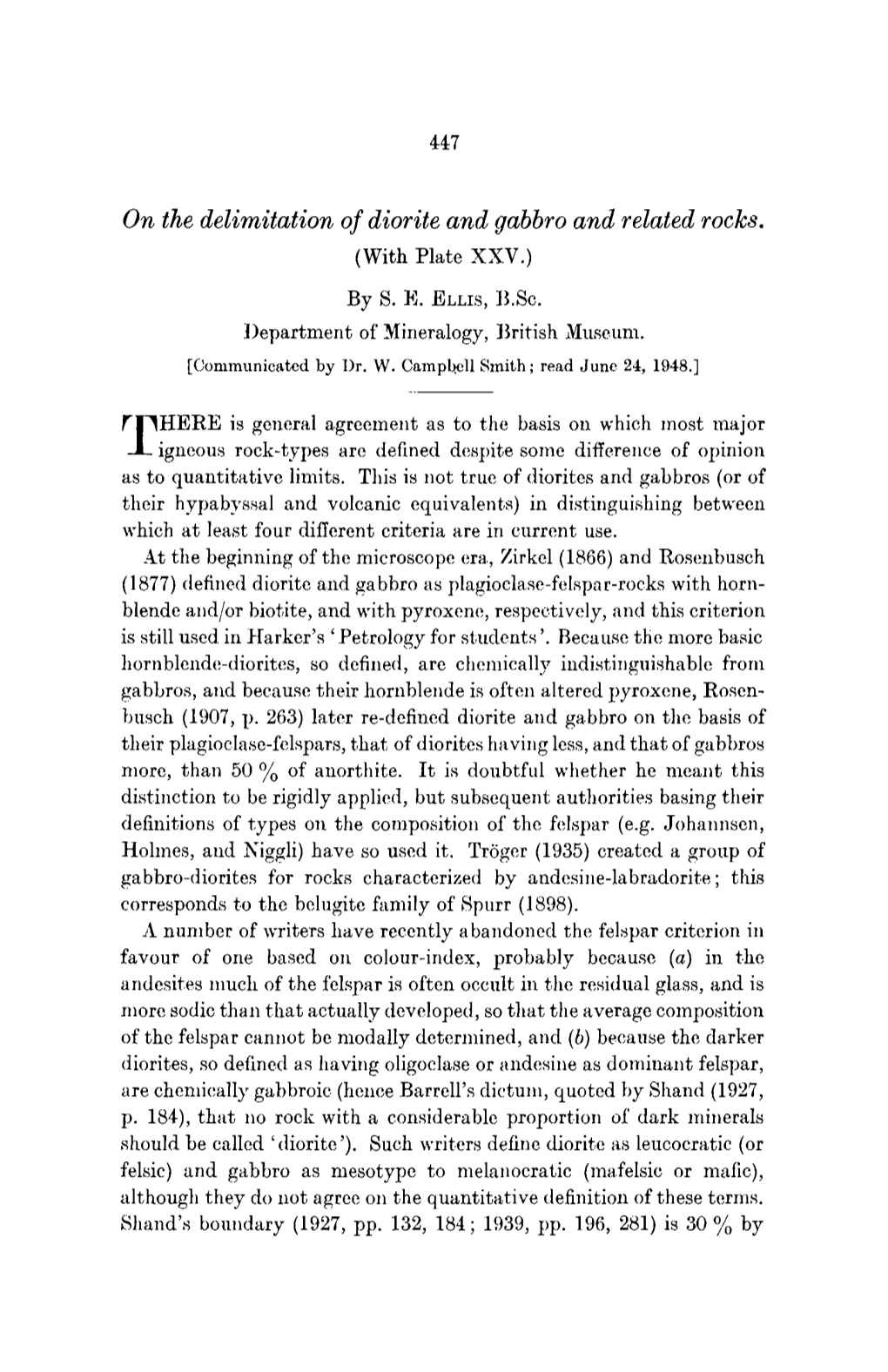 On the Delimitation of Diorite and Gabbro and Related Rocks. (With Plate XXV.)