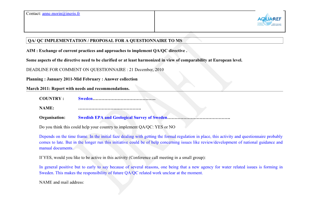 Qa/ Qc Implementation / Proposal for a Questionnaire to Ms