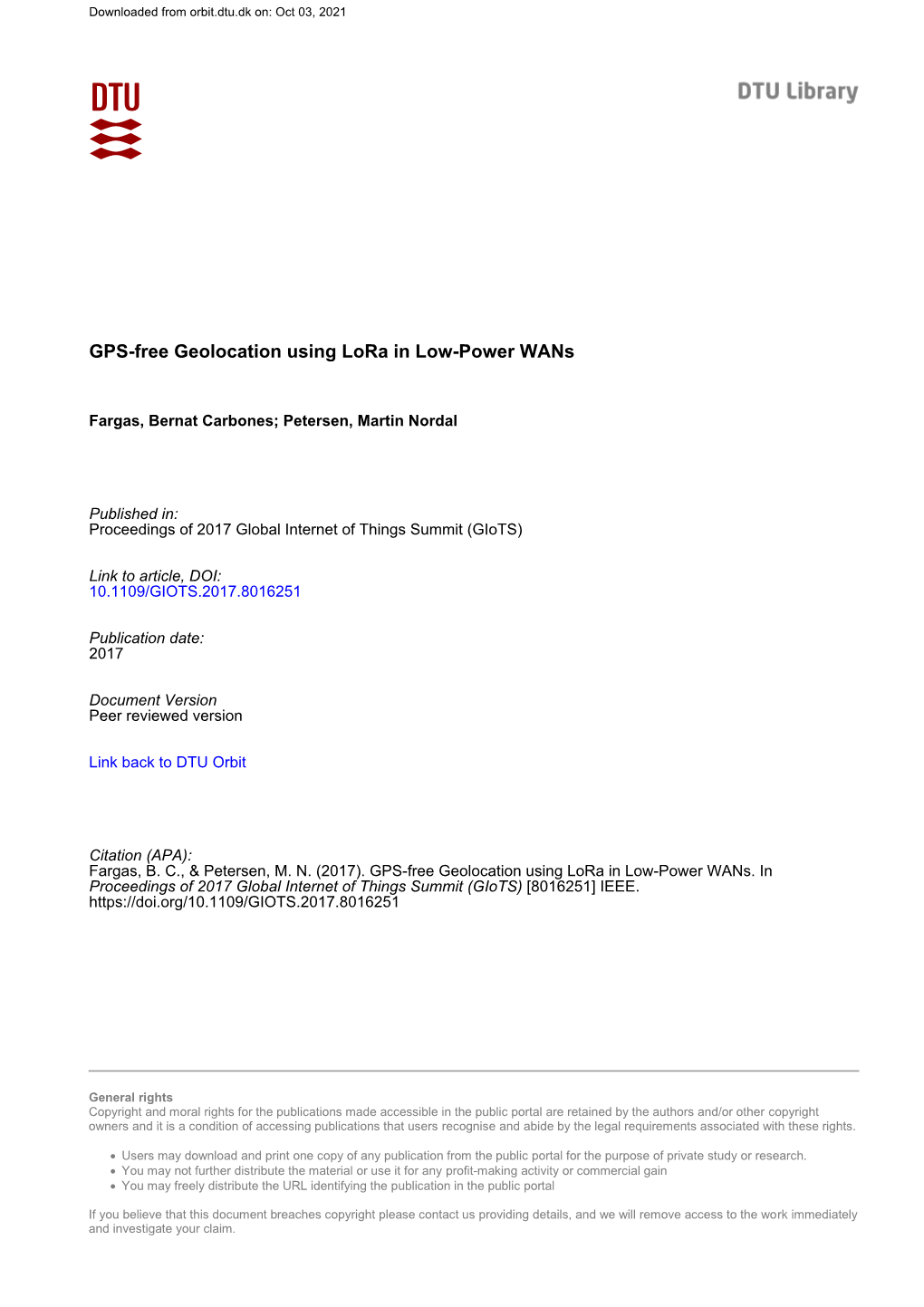 GPS-Free Geolocation Using Lora in Low-Power Wans