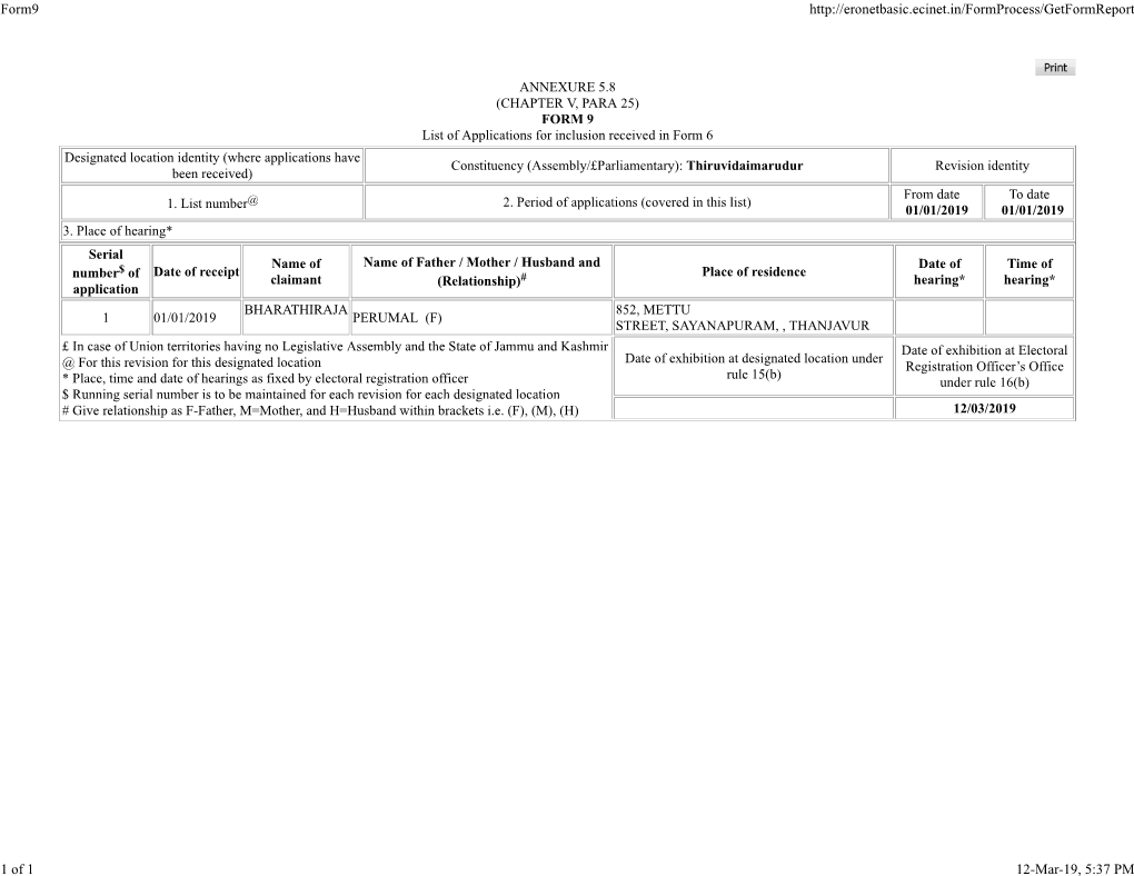 ANNEXURE 5.8 (CHAPTER V, PARA 25) FORM 9 List of Applications For