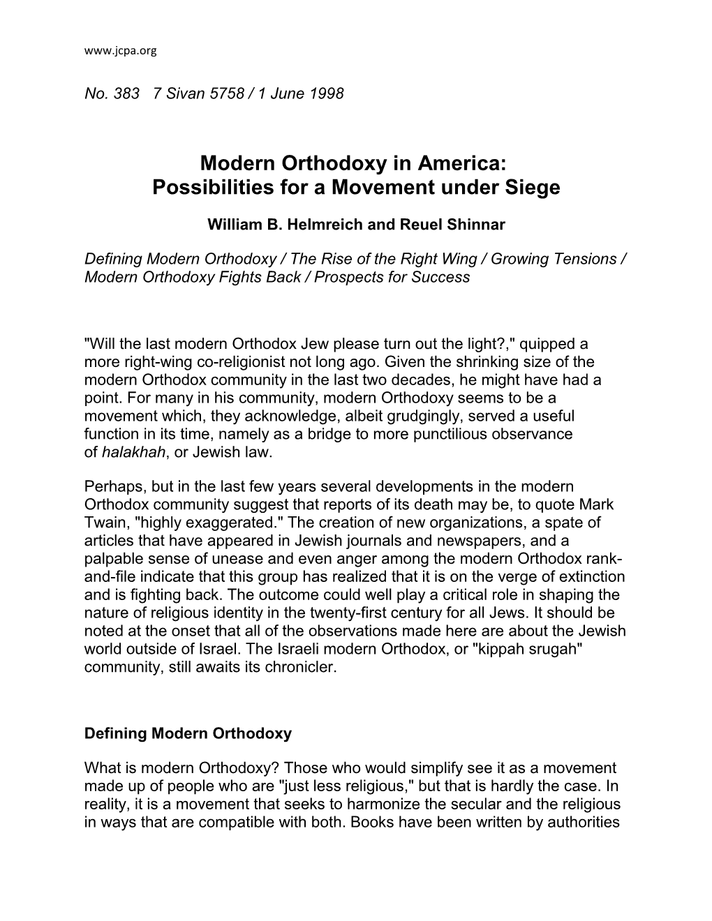 Modern Orthodoxy in America: Possibilities for a Movement Under Siege