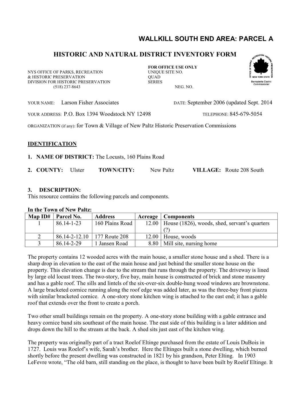 160 Plains Road Inventory Form