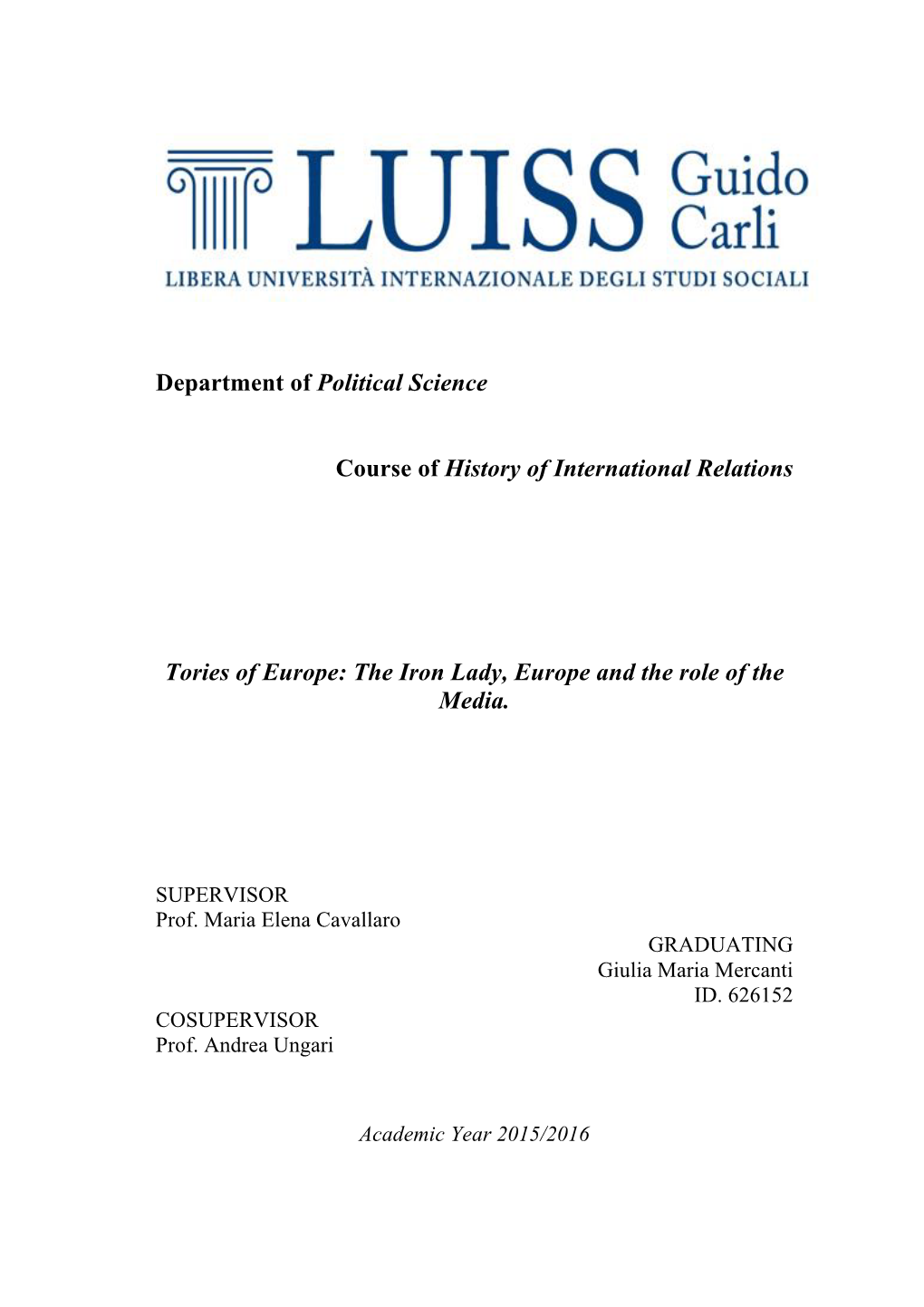 Department of Political Science Course of History of International
