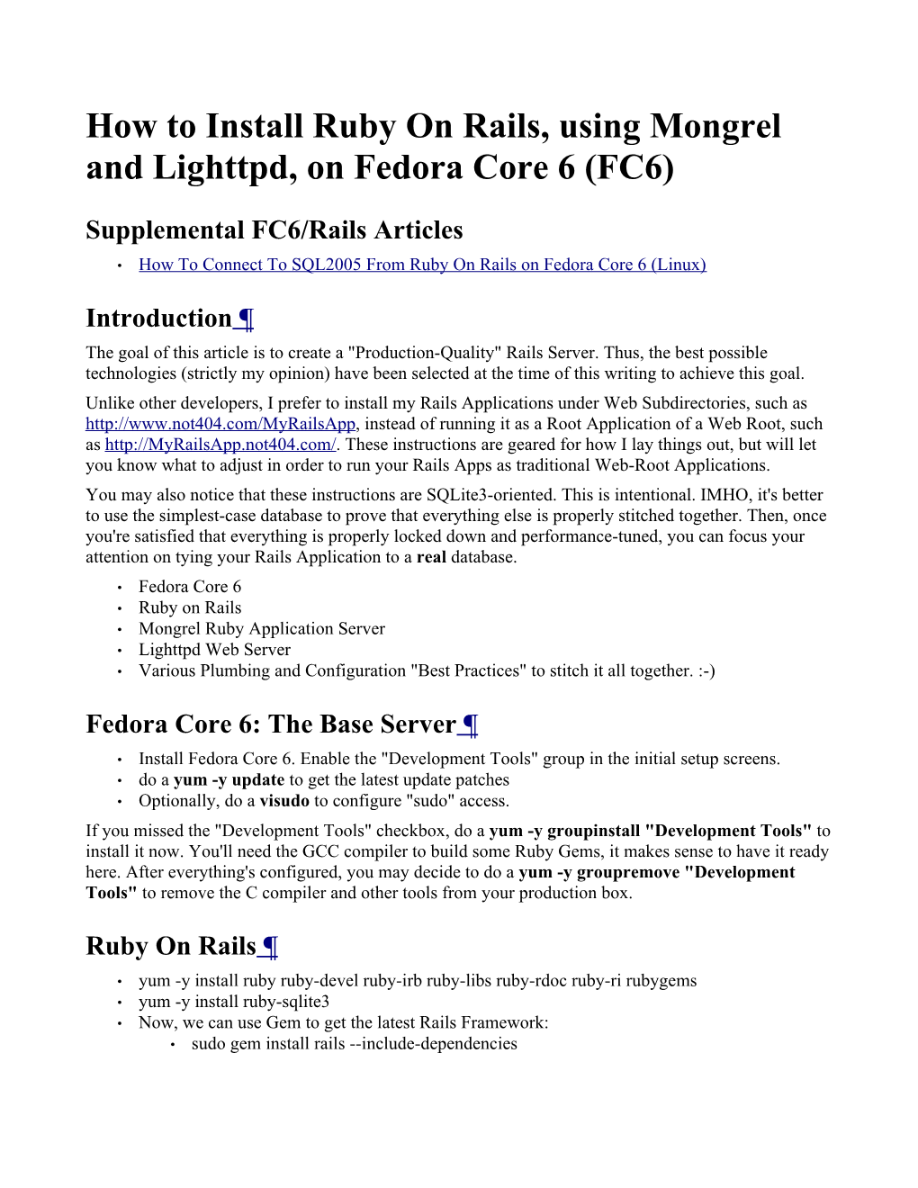 How to Install Ruby on Rails, Using Mongrel and Lighttpd, on Fedora Core 6 (FC6)
