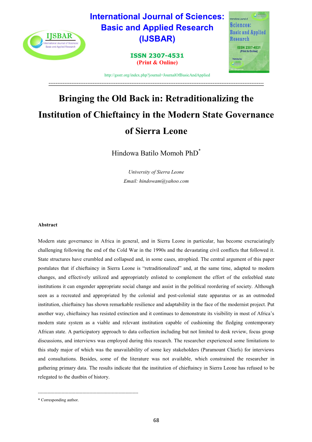 Retraditionalizing the Institution of Chieftaincy in the Modern State Governance of Sierra Leone