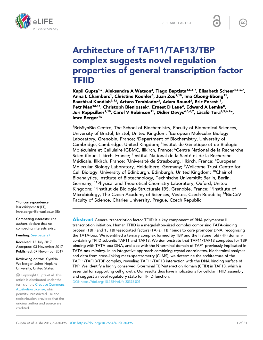 Architecture of TAF11/TAF13/TBP Complex Suggests Novel Regulation