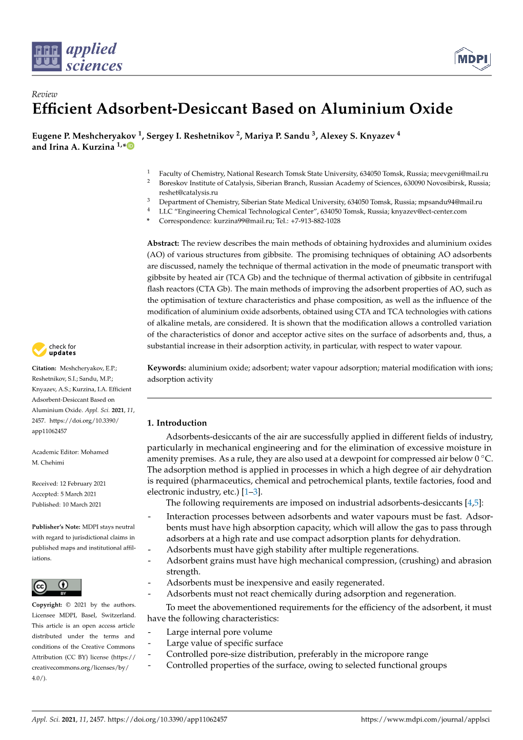 Efficient Adsorbent-Desiccant Based on Aluminium Oxide