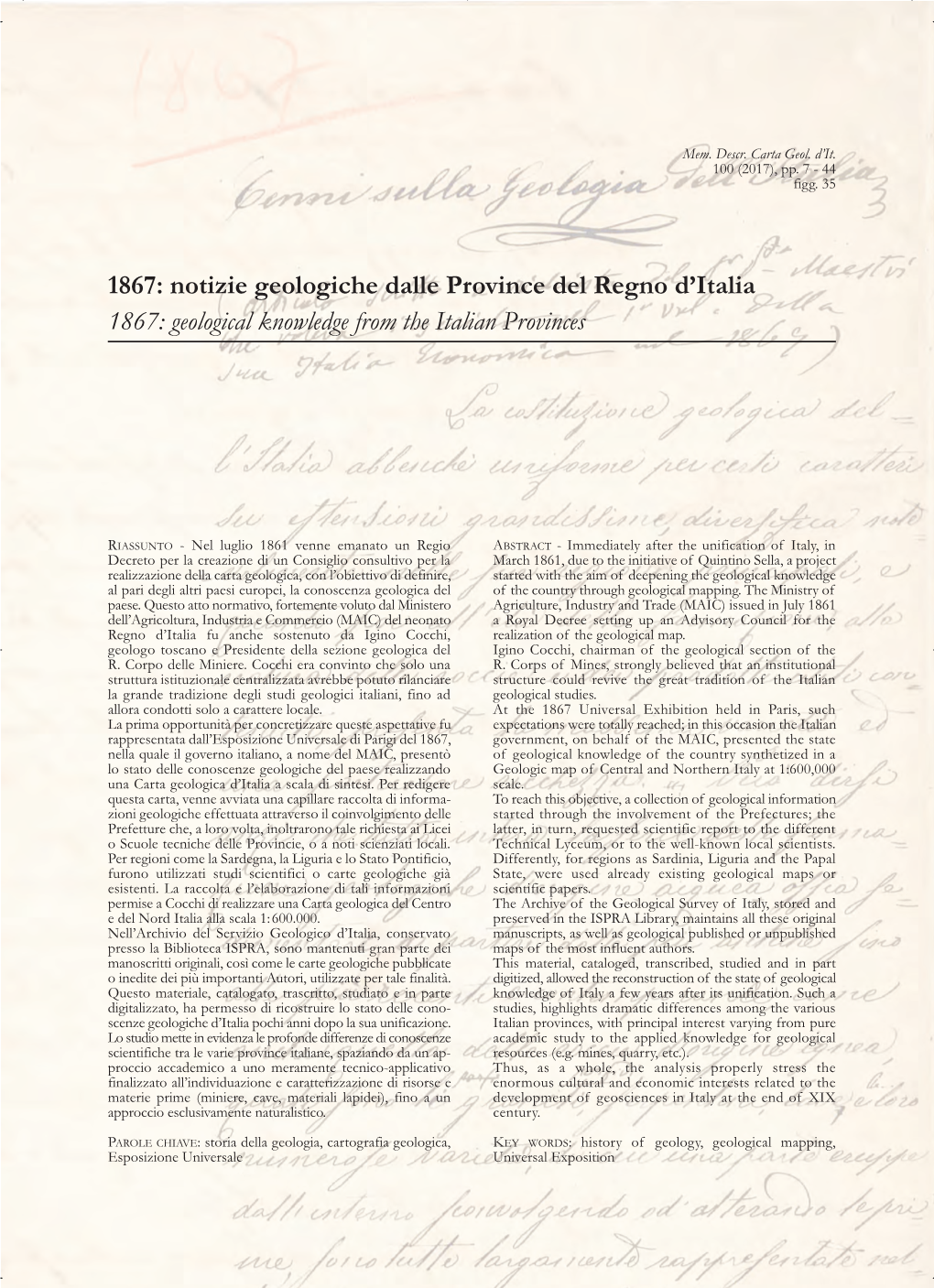 1867: Notizie Geologiche Dalle Province Del Regno D'italia