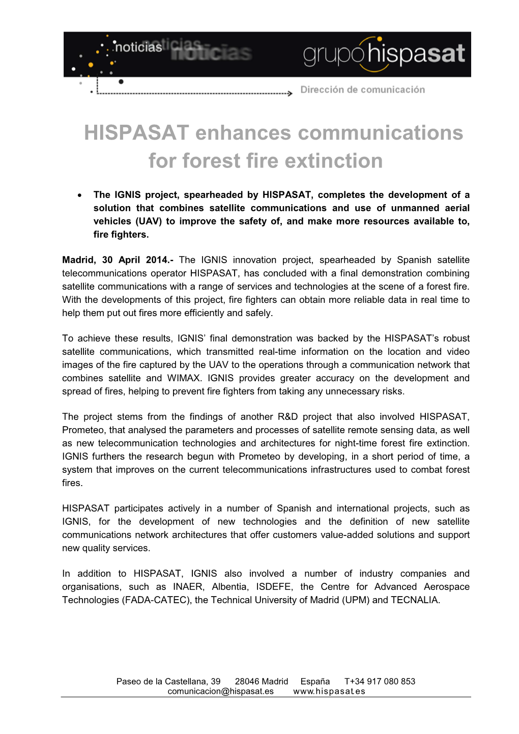 HISPASAT Enhances Communications for Forest Fire Extinction