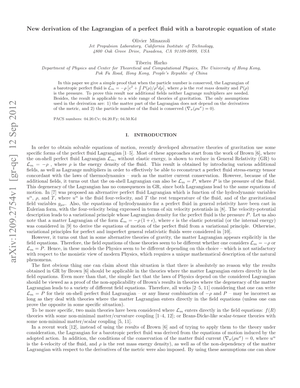 Arxiv:1209.2754V1 [Gr-Qc] 12 Sep 2012 Pcﬁ Om Ftepretﬂi Arnin[–] Oto Hs a These of Lagrangian Most ﬂuid [1–5]