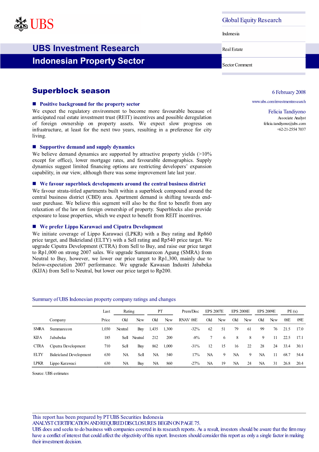 UBS Investment Research Indonesian Property