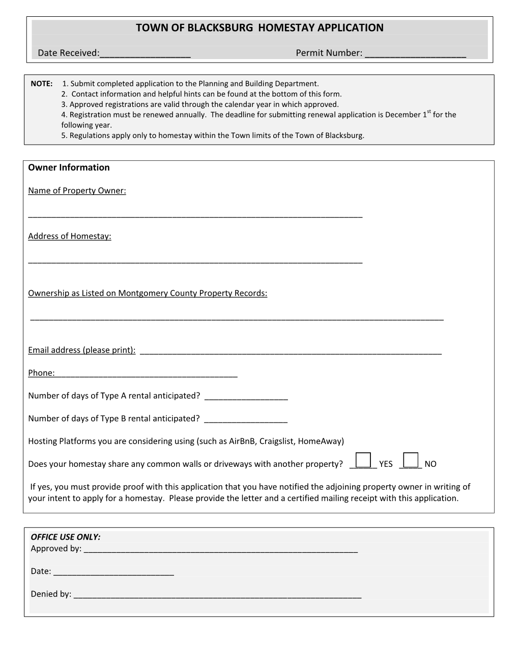 Town of Blacksburg Homestay Application