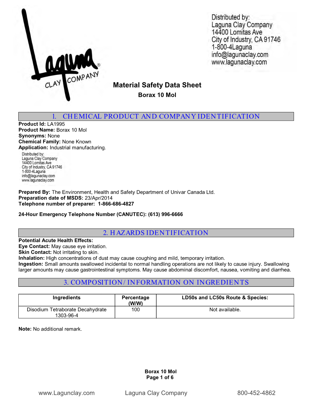 Borax Material Safety Data Sheet