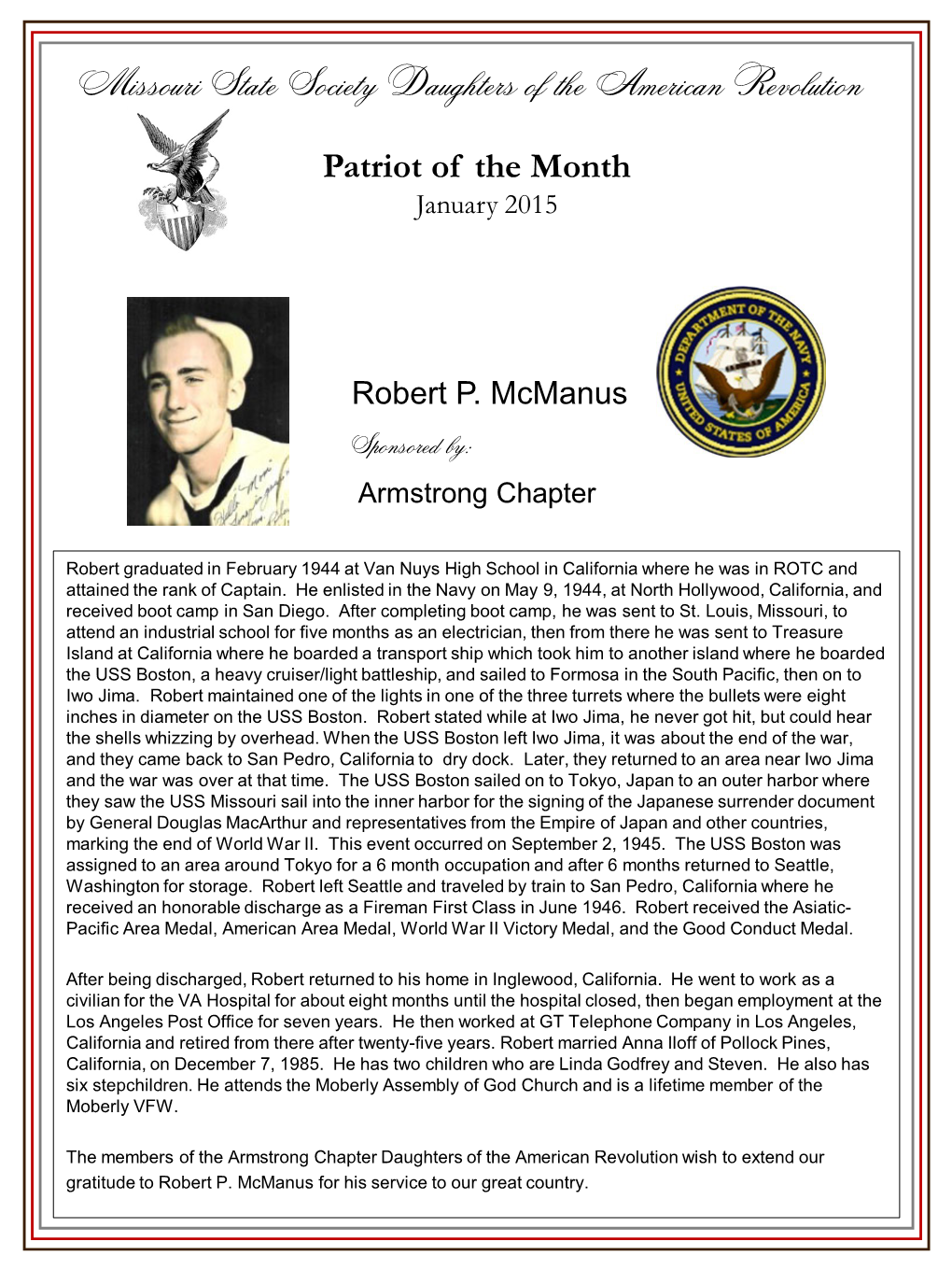 Robert P. Mcmanus Emblem Sponsored By: Armstrong Chapter