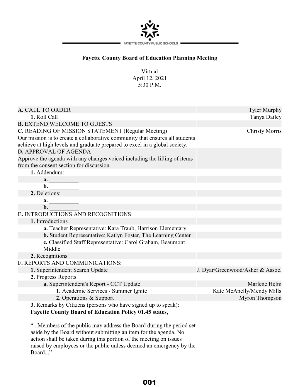 Fayette County Board of Education Planning Meeting Virtual April 12