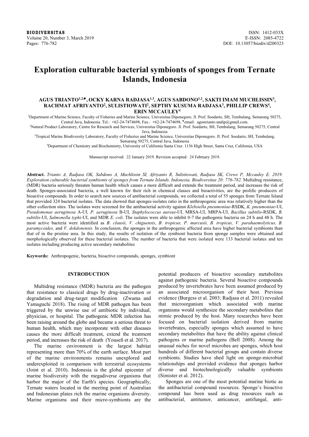Exploration Culturable Bacterial Symbionts of Sponges from Ternate Islands, Indonesia
