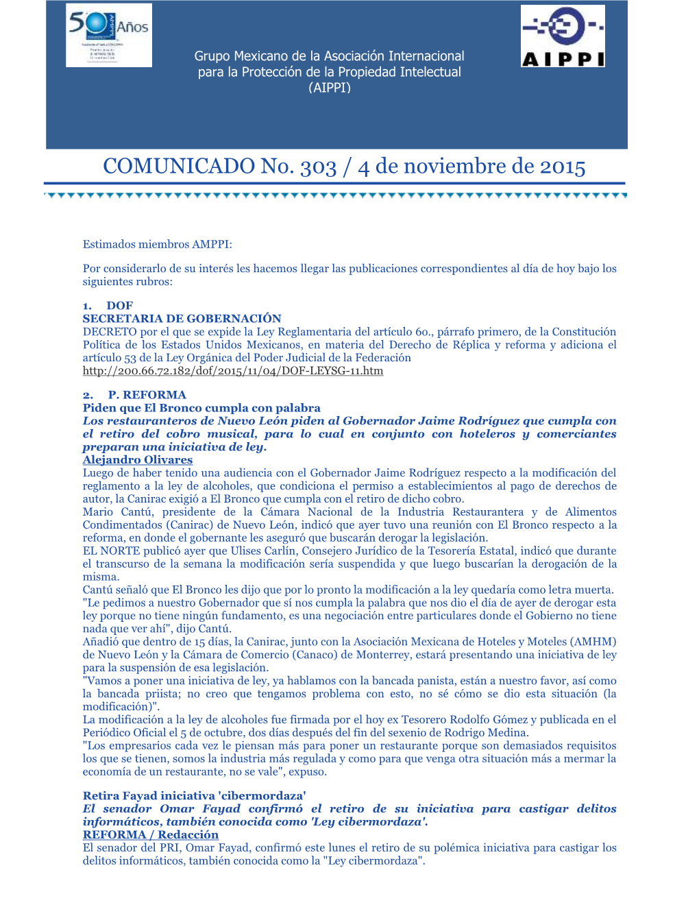 COMUNICADO No. 303 / 4 De Noviembre De 2015