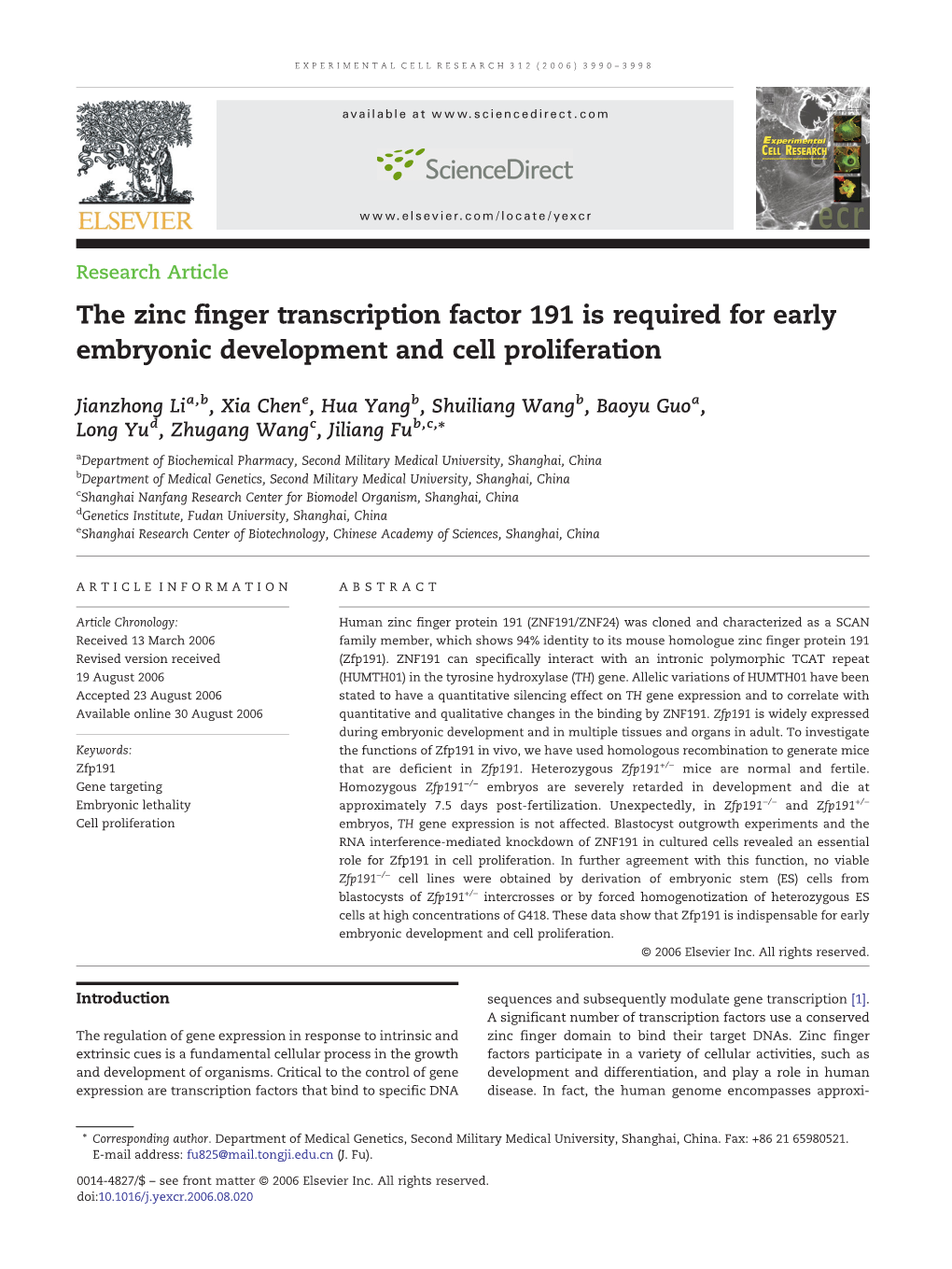 The Zinc Finger Transcription Factor 191 Is Required for Early Embryonic Development and Cell Proliferation