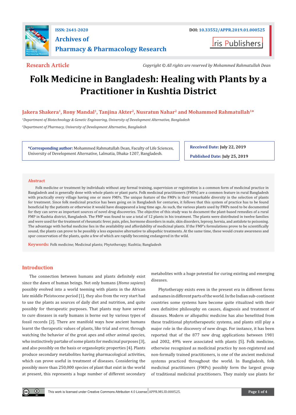 Folk Medicine in Bangladesh: Healing with Plants by a Practitioner in Kushtia District