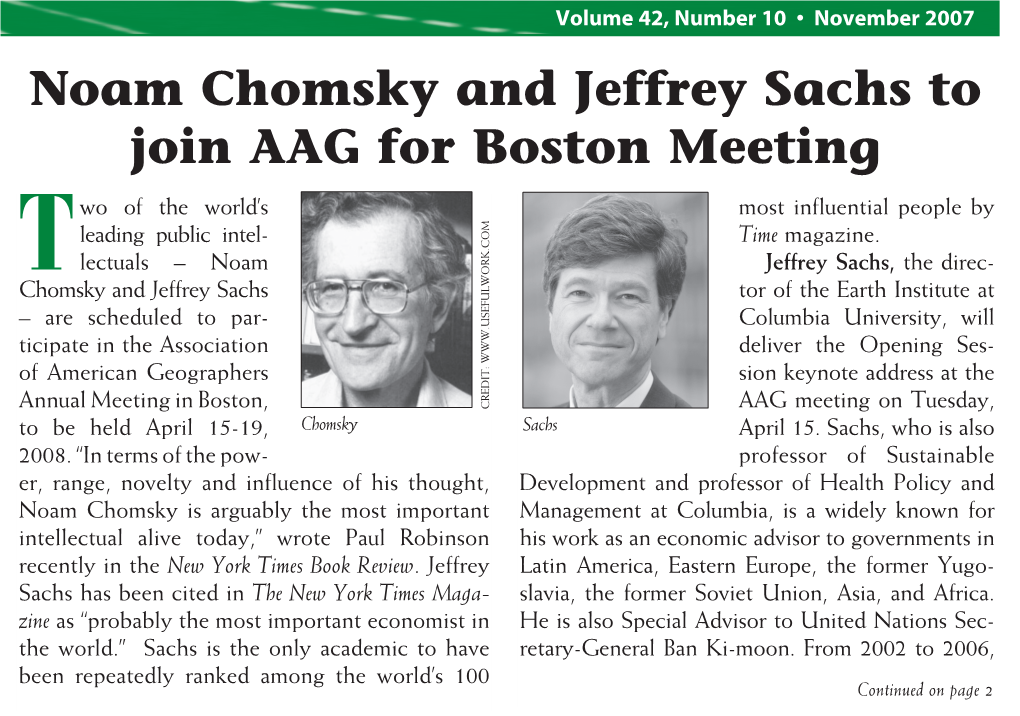 Noam Chomsky and Jeffrey Sachs to Join AAG for Boston Meeting Wo of the World’S Most Influential People by Leading Public Intel- Time Magazine