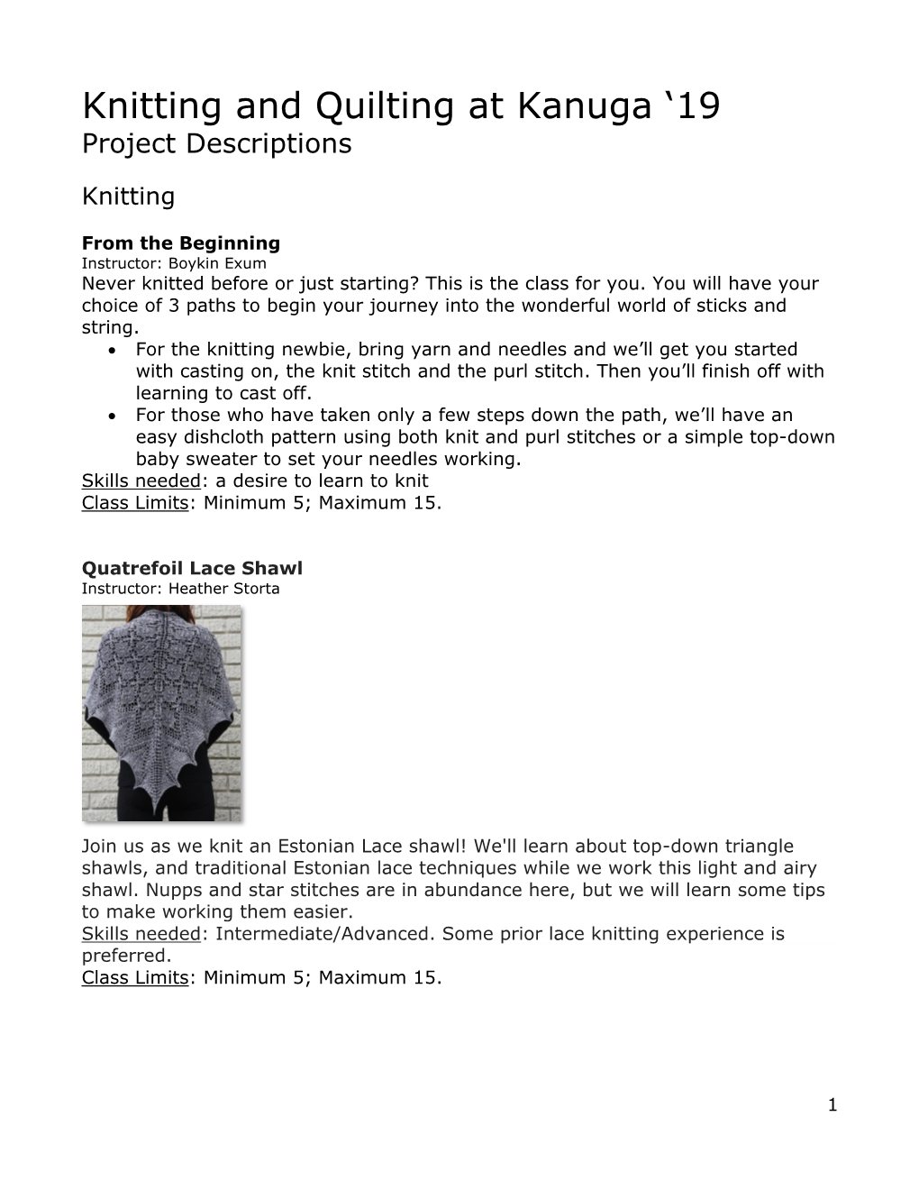 Knitting and Quilting at Kanuga ‘19 Project Descriptions